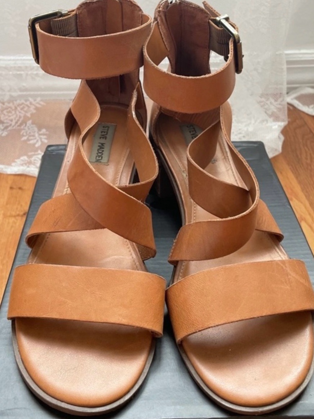 Steve Madden Cognac Spiral-Strap Leather Sandals Sz. 9